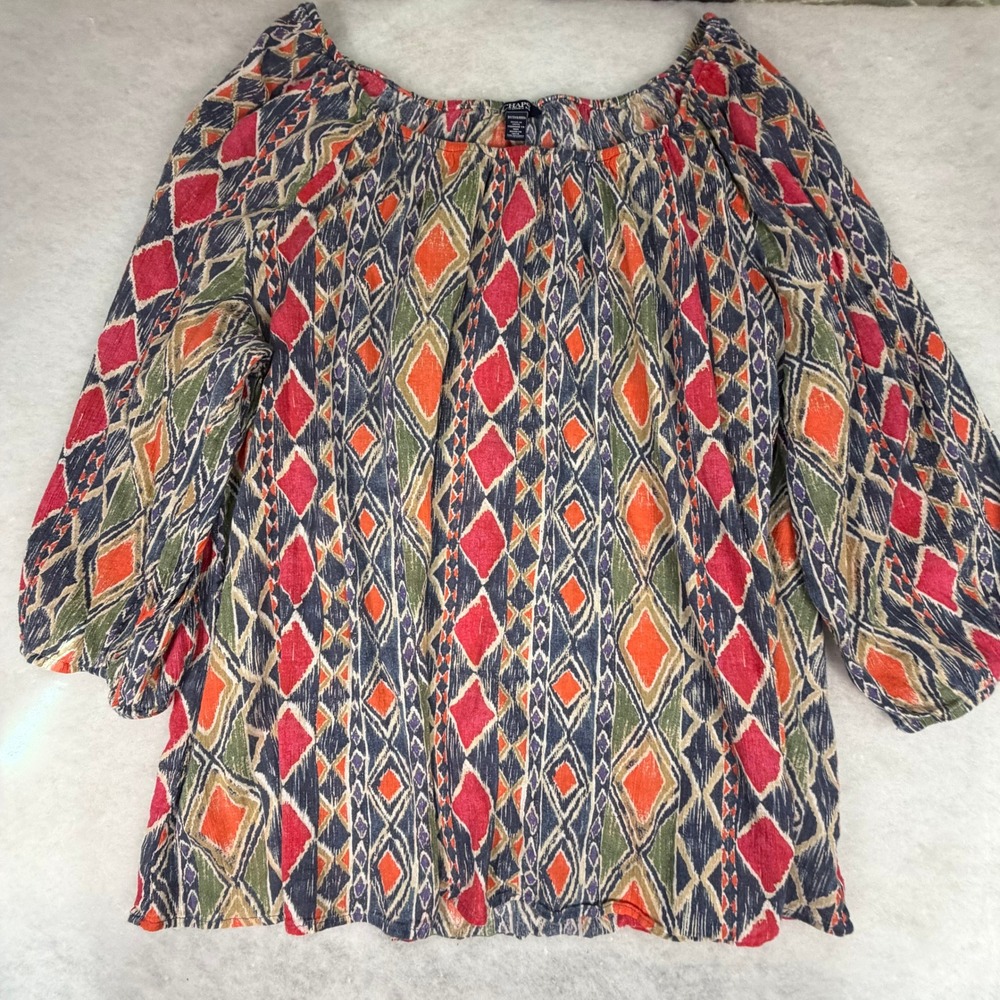 Chaps Denim Boho Tribal Print Peasant Blouse Womens 3X Diamond Ikat Print Cotton